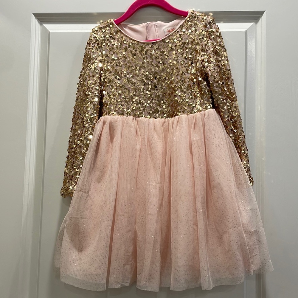 Girl’s Tulle Dress Embellished with Gold Sequins